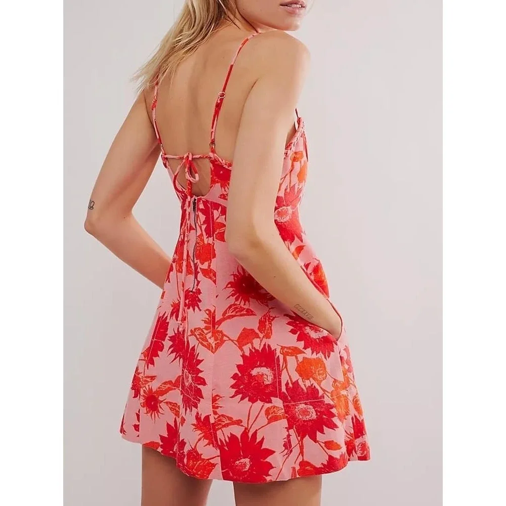 Free People Pink Orange Floral Linen Blend Summer Altura Tank Mini Dress Sz S
